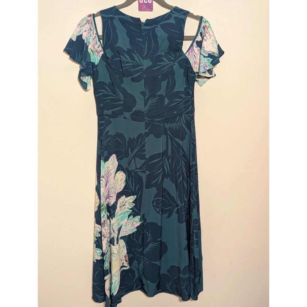 Maeve Anthropologie Floral Flutter Sleeve Midi Dress Size 4 Blue Teal Viscose - Picture 5 of 5